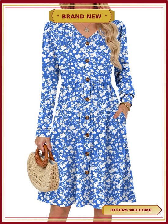 Dresses & Skirts - Long Sleeve V Neck Button Floral Midi Dress with Pockets